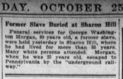 1915 Burial notice for George Washington Morgan, a formerly enslaved resident of Sharon Hill, PA